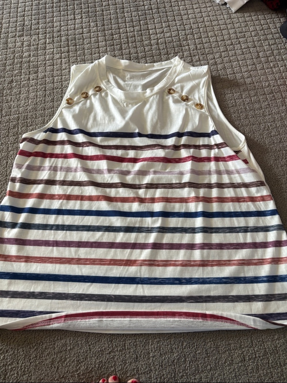 ' White Striped Sleeveless Top with Gold Button Detail